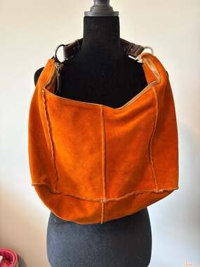 Vera Pelle Orange Suede Hobo Bag with Studded Leather Strap Made in Italy